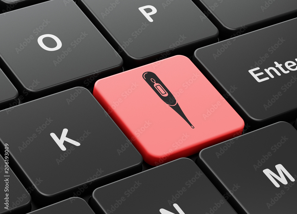 Medicine concept: computer keyboard with Thermometer icon on enter button background, 3D rendering Medicine concept: computer keyboard with Thermometer icon on enter button background, 3D rendering