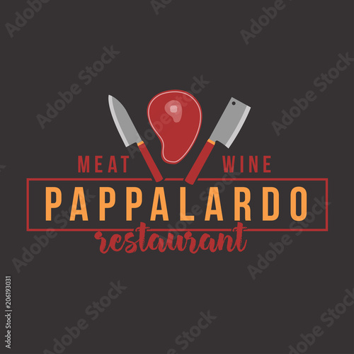 BBQ grill party. Barbecue set logo with grill, steak, knife, meat, wine and beer. Hot eat, Hot dog. Grill party.