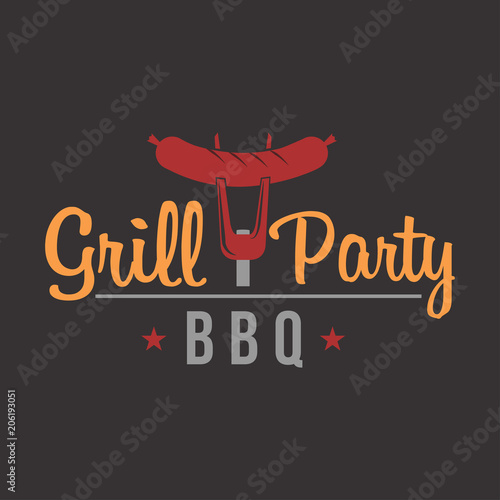 BBQ grill party. Barbecue set logo with grill, steak, knife, meat, wine and beer. Hot eat, Hot dog. Grill party.