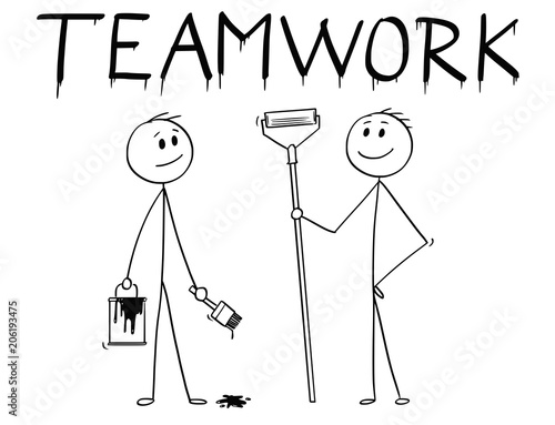 Cartoon stick man drawing conceptual illustration of two businessmen with brush, paint can and roller painting or drawing the word teamwork.