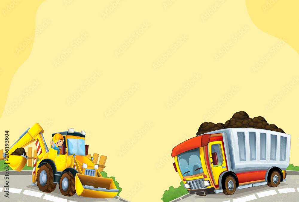 Naklejka premium Cartoon scene with industry vehicles - excavator and cargo truck - illustration for children