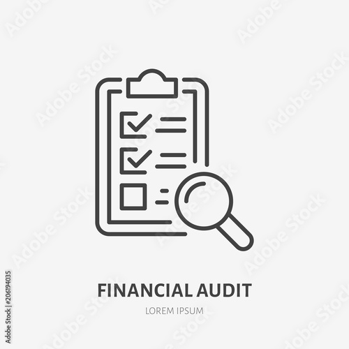 Audit flat line icon. Check list with glass sign. Thin linear logo for legal financial services, accountancy.