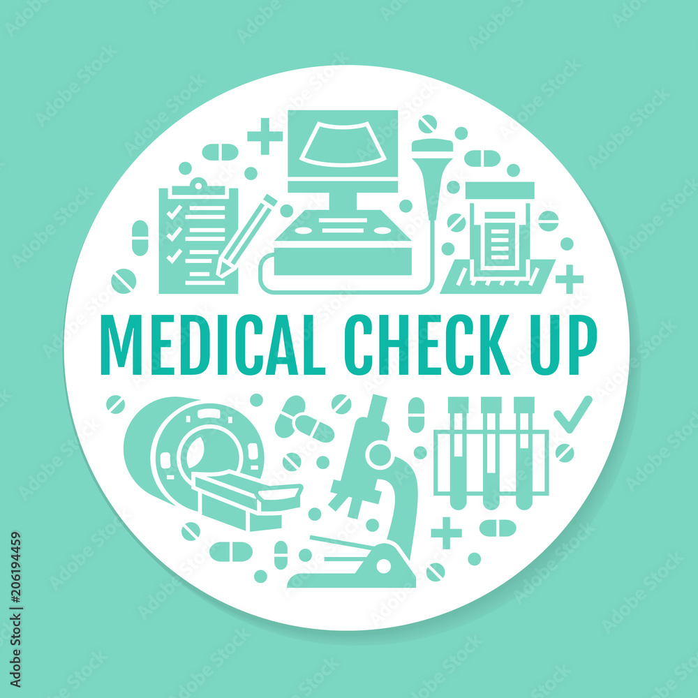 Medical check up blue poster template. Vector flat glyph icons, illustration of health care center, equipment, mri, ultrasound, blood test, microscope. Healthcare, diagnostics clinic banner.