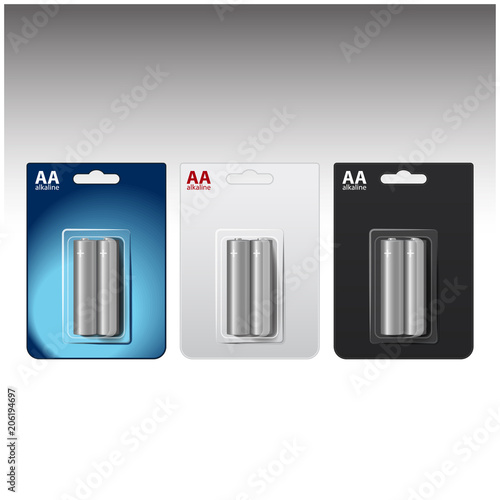 Set of Vector Glossy Alkaline AA Batteries in Blue White Black Blister. Packed for your branding. Close up Isolated on White Background