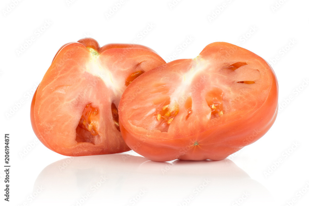 Beef tomato two halves isolated on white background big ripe red ribbing. Beef tomato two halves isolated on white background big ripe red ribbing.