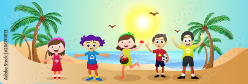 Website header or banner design with Happy Kids having fun at sea-side.