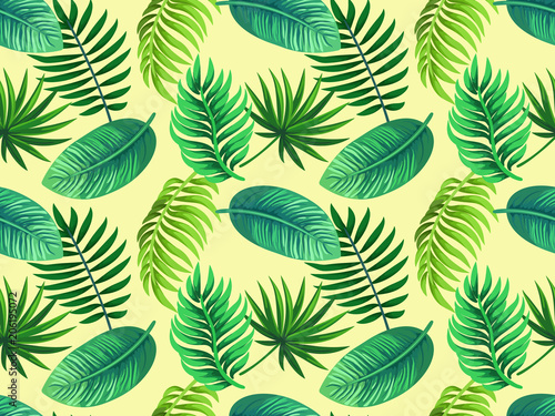 Vector seamless tropical pattern with palm leaves on yellow background. Colourful floral illustration for textile, print, wallpapers, wrapping.