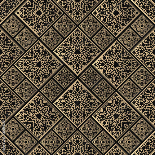 Seamless pattern oriental ornament. Black and golden textile print. Islamic vector design. Floral tiles.