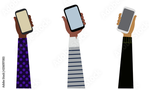 Vector drawing of 3 arms from different ethnicities holding a smart phone illustration, Communication concept.