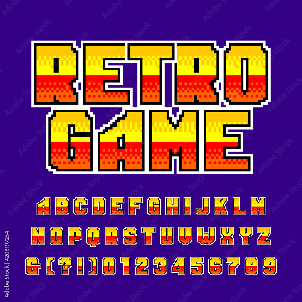 Retro Pixel Game alphabet font. Pixel script letters, numbers and  punctuations. 80s arcade video game typescript. Stock Vector
