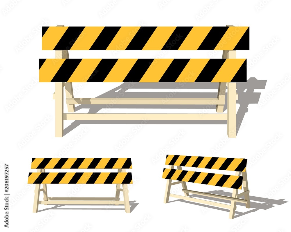 Realistic image of a road barrier with yellow stripes on a white ...