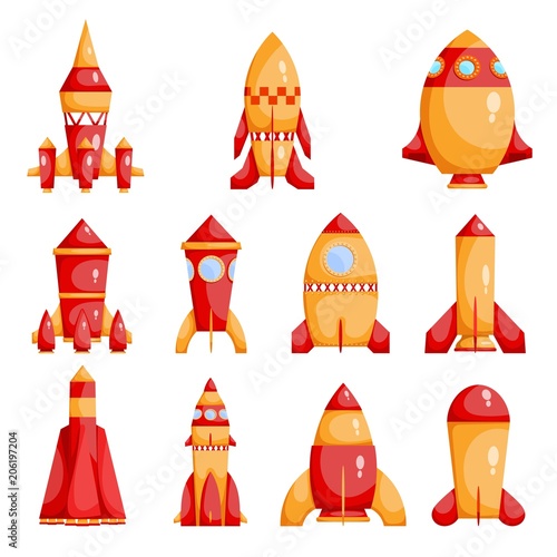 Set of bright red and yellow rockets in a cartoon style on a white background. Collection of children's toys. Vector illustration