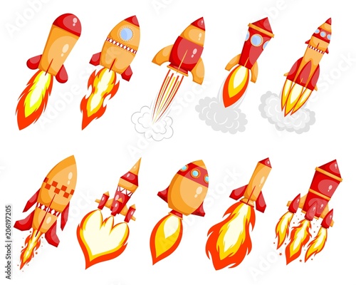 Set Starting rocket on white background. Red Cartoon style Start-up  launcher reactive space rocket with flame. Space transport. Vector illustration