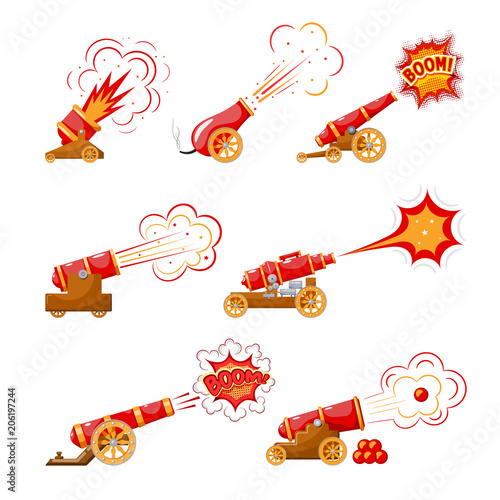 Set Vintage gun. Color image of medieval cannons  firing on a white background. Cartoon style.  Collection subject of war and aggression. Vector  illustration