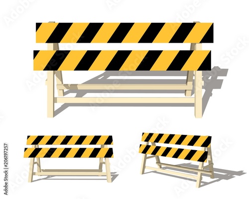 Realistic image of a road barrier with yellow stripes on a white background. Isolated object, road safety  sign. Vector illustration