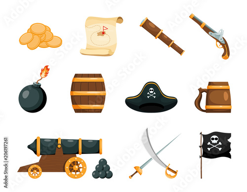 Objects of piracy. Bright objects of the pirate game. Icons on white background. Isolated objects. Vector illustration