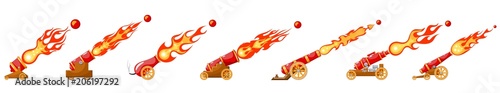 Set Vintage gun. Color image of medieval cannons  firing on a white background. Cartoon style.  Collection subject of war and aggression. Vector  illustration