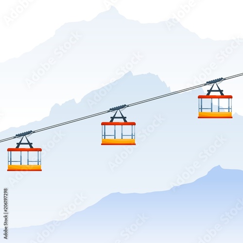 Color image of a cable car in the mountains. Three bright cabin cable car in Cartoon style on nature background. Vector illustration