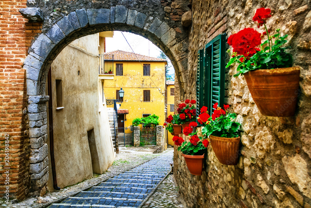 Beautiful charming old streets with floral decoration in italian villages. Casperia - obrazy, fototapety, plakaty 
