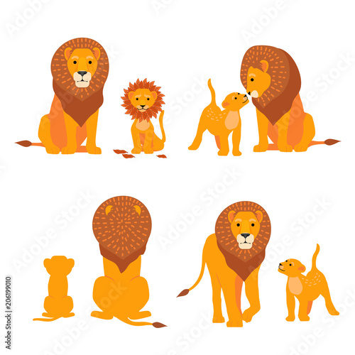 Lion and son family vector illustration. Happy Fathers Day. Cartoon safari postcard