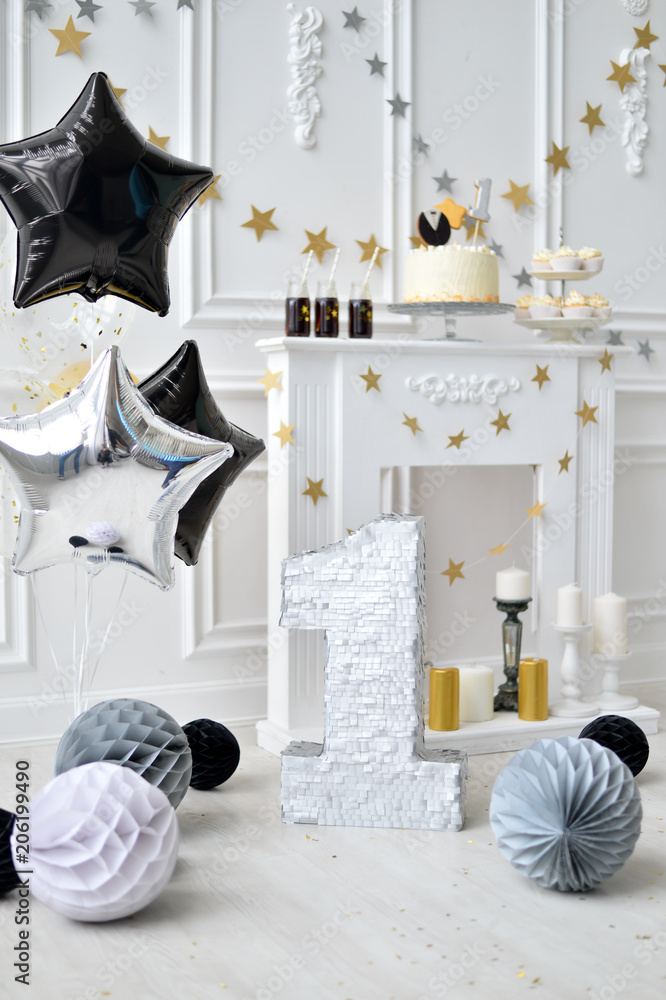 Decorations for Birthday party. A lot of balloons yellow black and