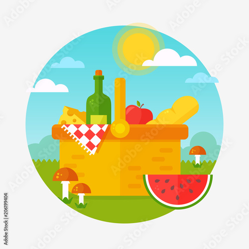 Summer picnic in nature. Vector banner with flat basket.