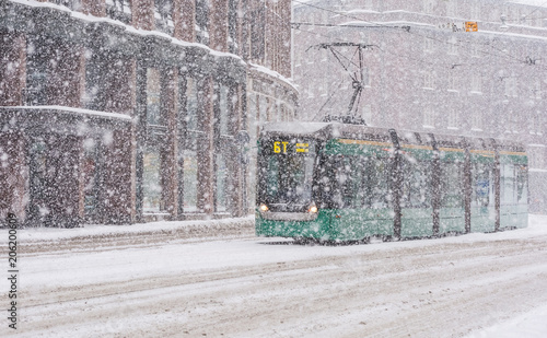 Tram in snow storm