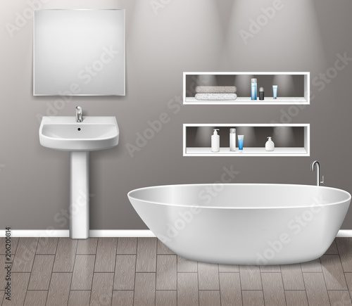 Realistic bathroom furniture interior with modern bathroom sink  mirror  shelves  bathtub and decor elements on grey wall with wooden floor. vector illustration