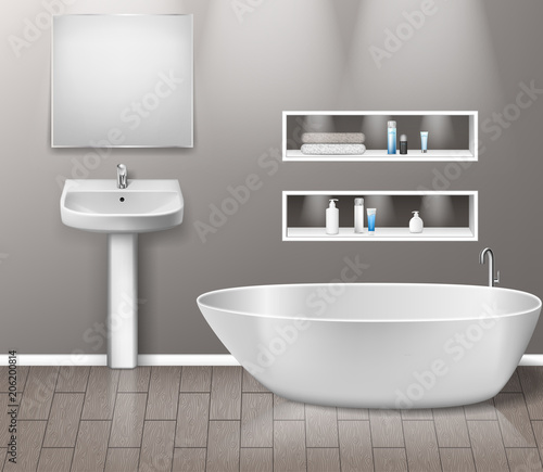 Realistic bathroom furniture interior with modern bathroom sink, mirror, shelves, bathtub and decor elements on grey wall with wooden floor. vector illustration
