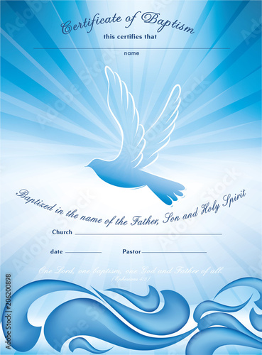 Certificate baptism template. With waves of water and dove multiple exposure