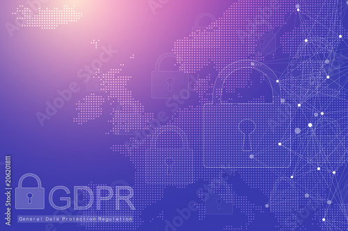 GDPR - General Data Protection Regulation. Dotted Europe map and flag. Protection of personal data. Vector illustration