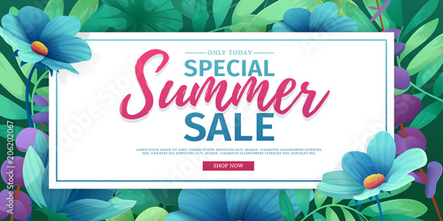 Template design banner for summer offer. Special sale advertising with floral frame. Summer advertising logo on flower background. Vector