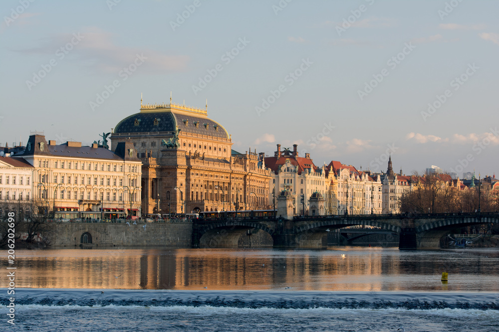  Prague's Public theater view with old town street from Vltava river. 
