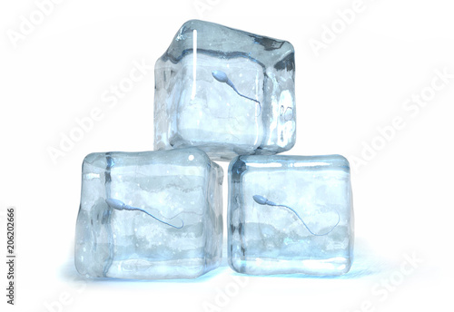 3d illustration of sperm cells frozen into ice cubes