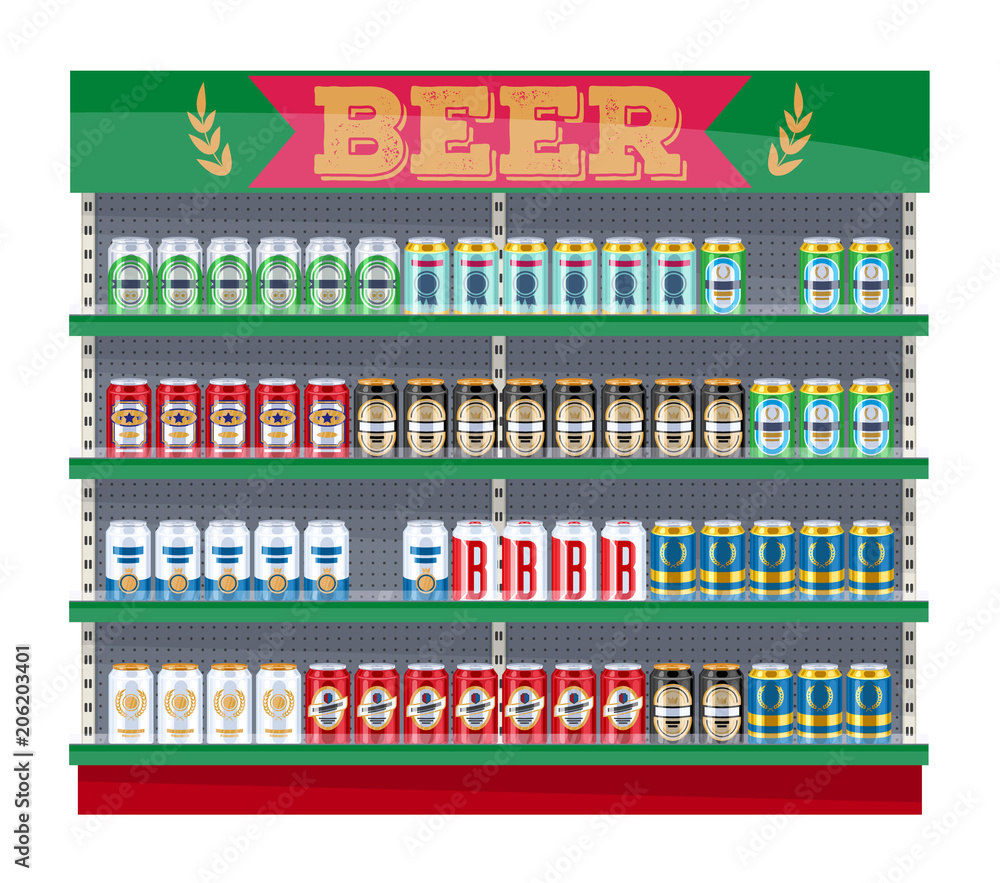 Obraz premium Supermarket shelf display with beer cans.