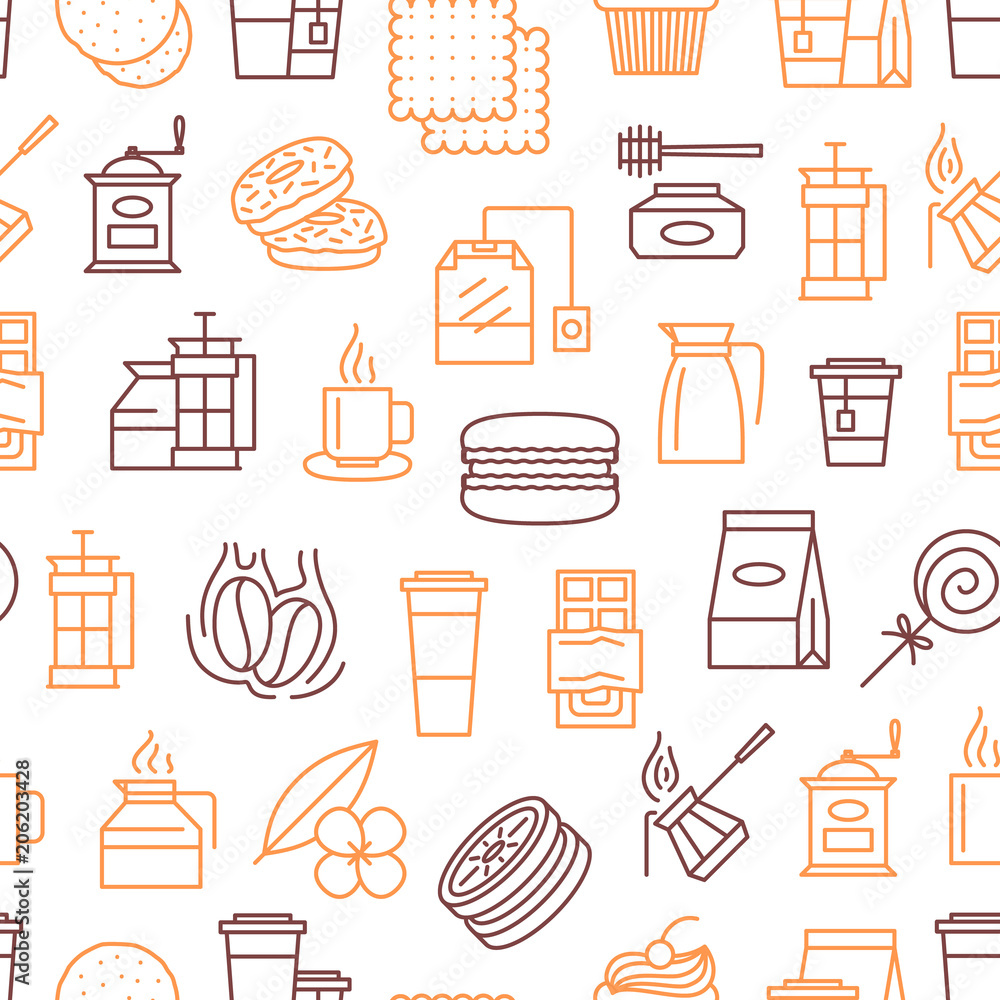 Vector tea and coffee linear icons background or pattern illustration