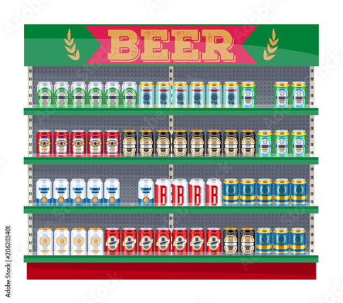 Supermarket shelf display with beer cans.