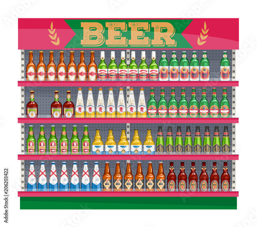 Supermarket shelf display with beer bottles.