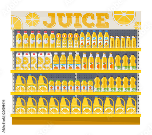 Supermarket shelf display with orange juice.
