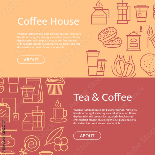 Vector tea and coffee linear icons horizontal web banner templates illustration