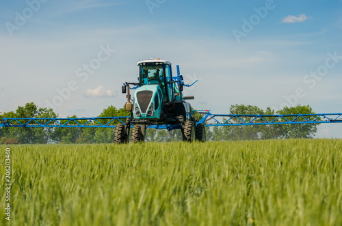 Agricultural sprayers  spray chemicals on young wheat.