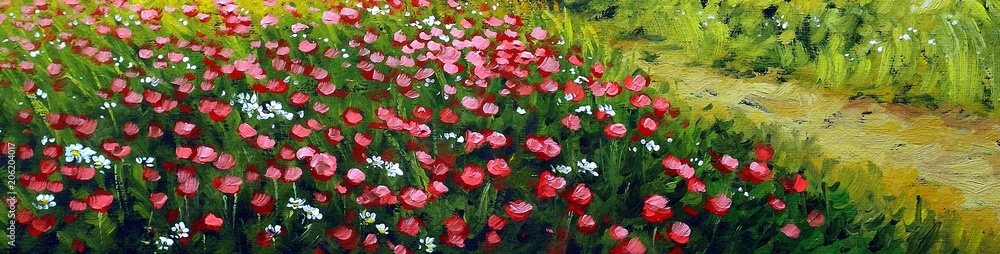 Oil paintings rural landscape, field, poppies