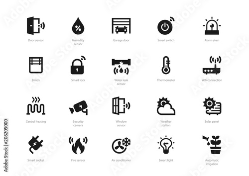 Set of black solid smart home icons isolated on light background. Contains such icons Smart lock, Thermometer, Garage door, Air conditioner, Automatic irrigation and more.