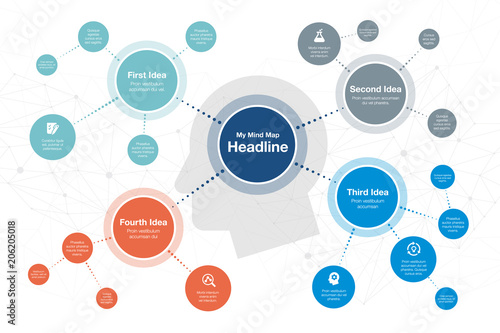 Vector infographic for mind map visualization template with colorful circles and several icons, isolated on light background. Easy to use for your website or presentation.