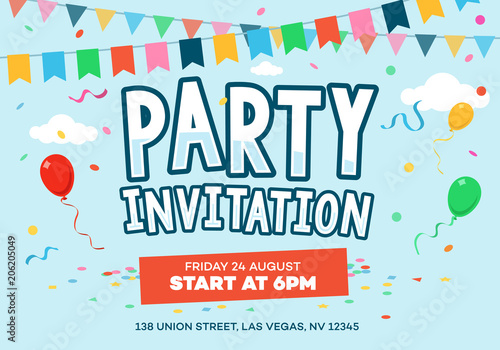 Happy birthday party card invitation template with flags balloons, and ribbons isolated on light blue background. Vector illustration.