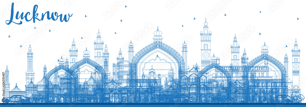 Outline Lucknow Skyline with Blue Buildings.