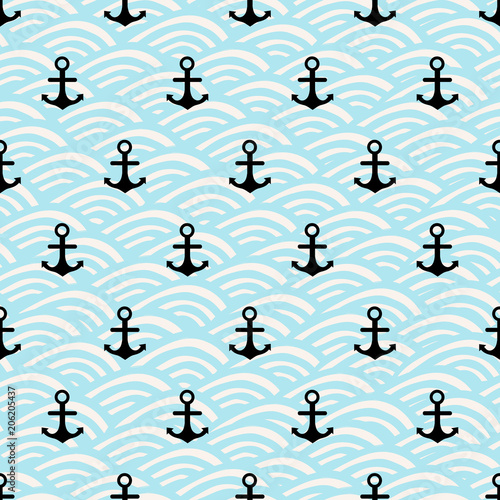 Seamless pattern with black anchors and blue waves background.