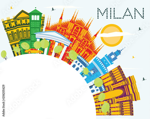 Milan Italy City Skyline with Color Buildings, Blue Sky and Copy Space.