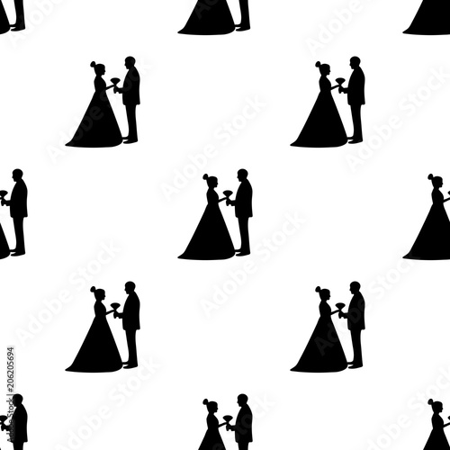 Seamless pattern with silhouettes of the bride and groom on the white background.