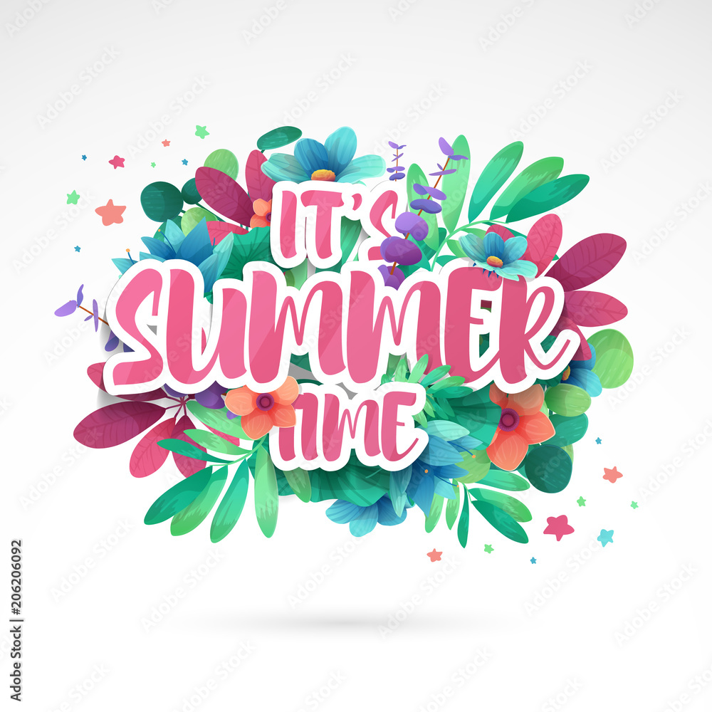 Design symbol  It's summer time. Banner with flower and leaf for summer promotion and sale.  Nature floral decoration layout template. Vector